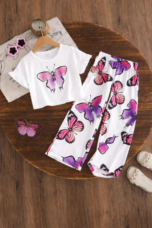 Off white Butterfly Printed Half Sleeves Kids Suit