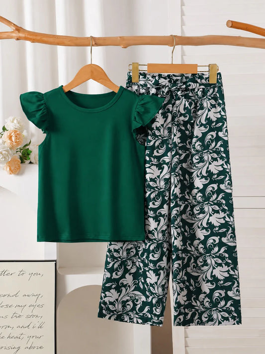 Bottle Green Plain Frill Half Sleeves Shirt With Floral Printed Trouser Kids Suit