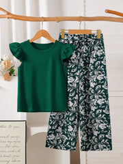 Bottle Green Plain Frill Half Sleeves Shirt With Floral Printed Trouser Kids Suit