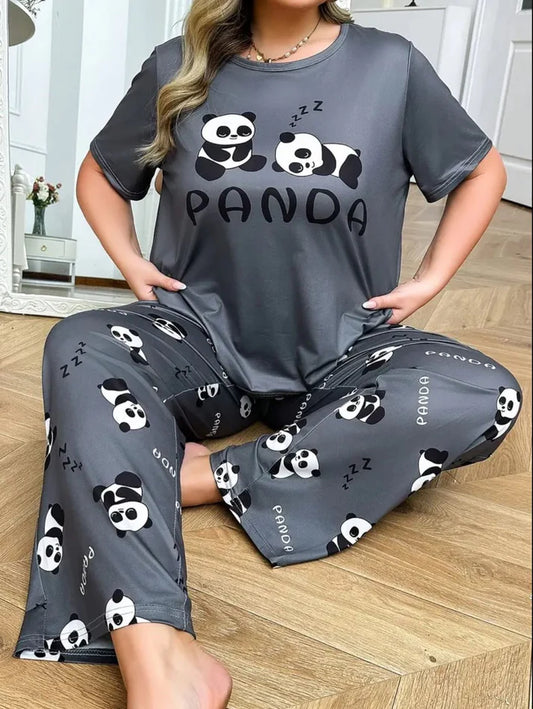 Grey Panda Printed Half Sleeves Night Suit