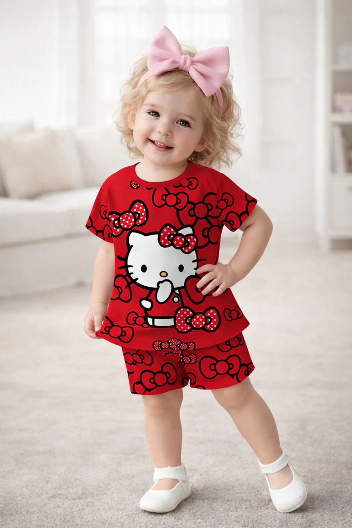 Red White Kitty Printed Half Sleeves Kids Suit