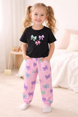 Black Bows Printed Half Sleeves Kids Suit