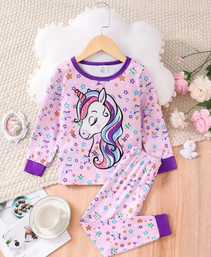 Pink Unicorn Multi Star Printed Full Sleeves Printed Pajama Kids Night Suit (KO-617)