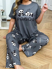 Grey Panda Printed Half Sleeves Night Suit