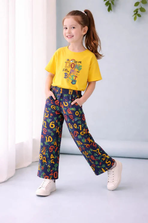 Yellow Doing My Best Printed Half Sleeves Kids Suit