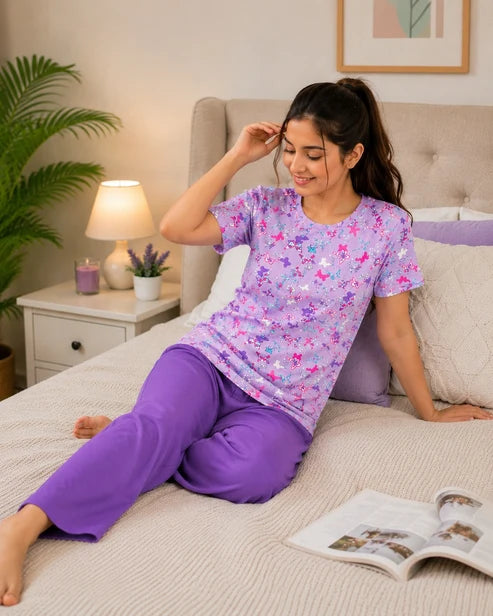 Lavender Butterfly Printed Night Suit