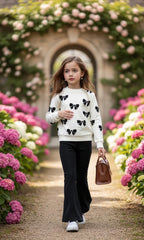 White with Black Bow Printed Kids Track Suit