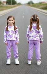 Off White with Lilac Hearts Printed Kids Track Suit